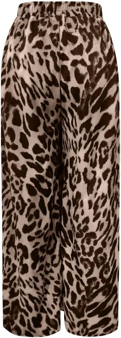 Leopard Print Pants for Women Casual High Waisted Wide Leg Pant Trendy Color Block Drawstring Straight Trousers 2025