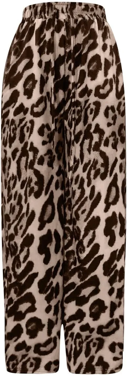 Leopard Print Pants for Women Casual High Waisted Wide Leg Pant Trendy Color Block Drawstring Straight Trousers 2025