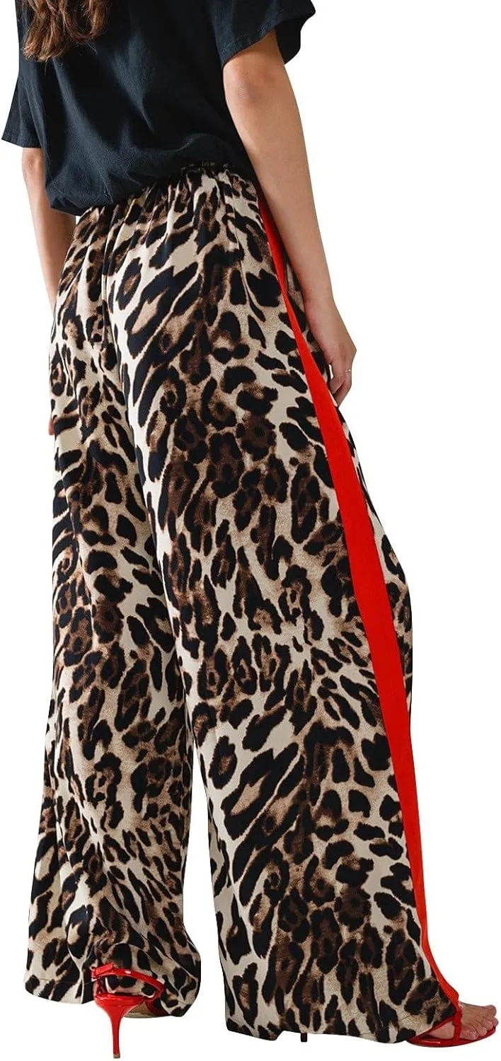 Leopard Print Pants for Women Casual High Waisted Wide Leg Pant Trendy Color Block Drawstring Straight Trousers 2025