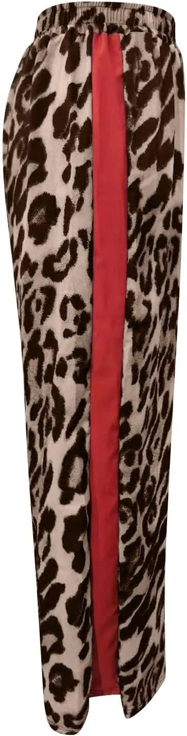 Leopard Print Pants for Women Casual High Waisted Wide Leg Pant Trendy Color Block Drawstring Straight Trousers 2025