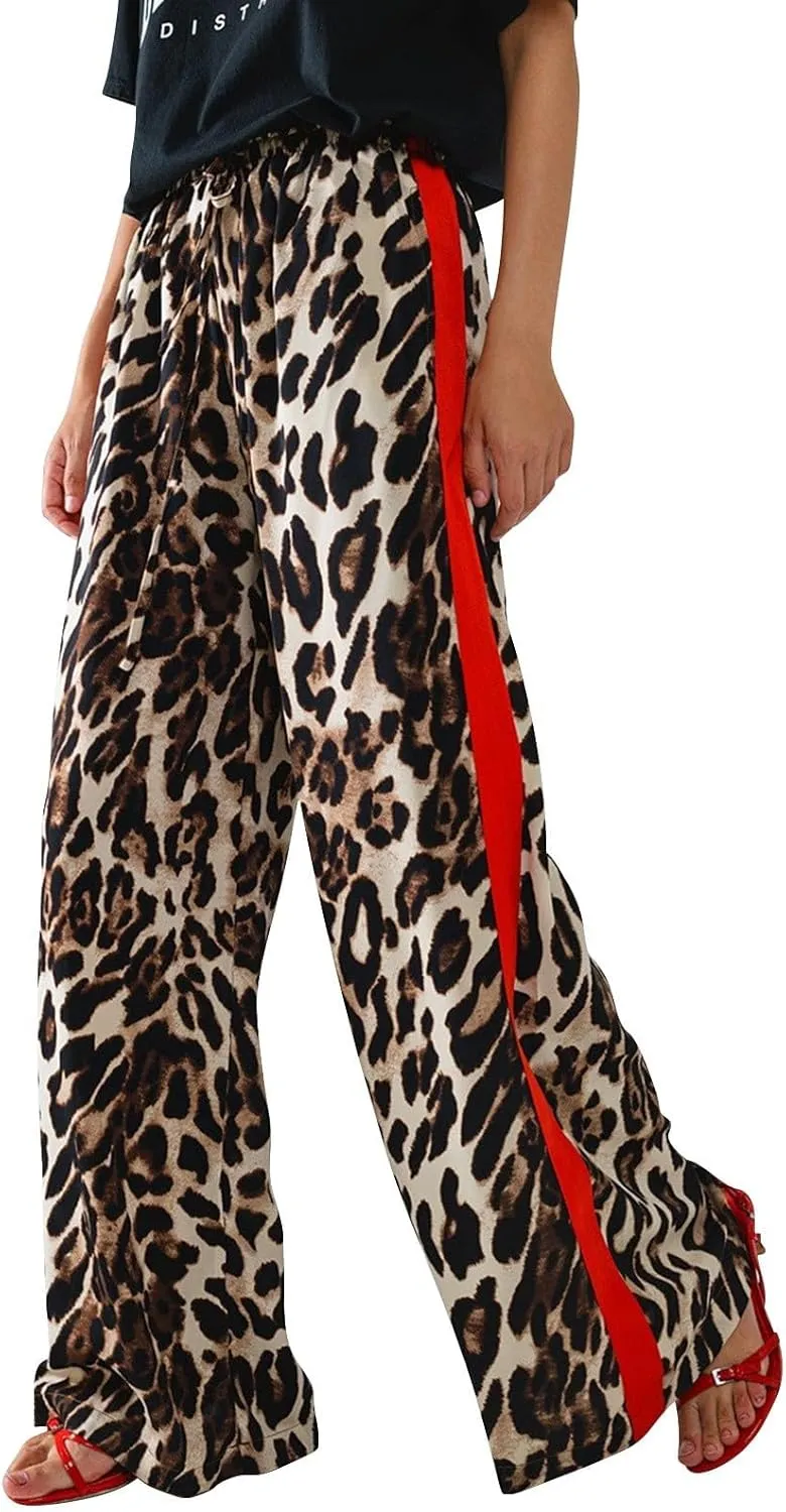 Leopard Print Pants for Women Casual High Waisted Wide Leg Pant Trendy Color Block Drawstring Straight Trousers 2025