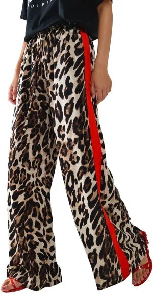 Leopard Print Pants for Women Casual High Waisted Wide Leg Pant Trendy Color Block Drawstring Straight Trousers 2025