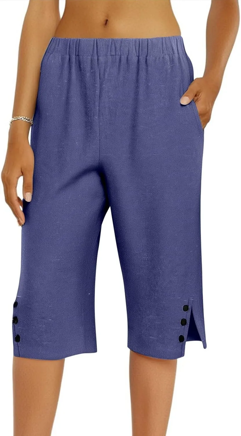 Linen Bermuda Shorts for Women Knee Length Lightweight Casual Capris Pants Ladies Summer Outfits with Pockets