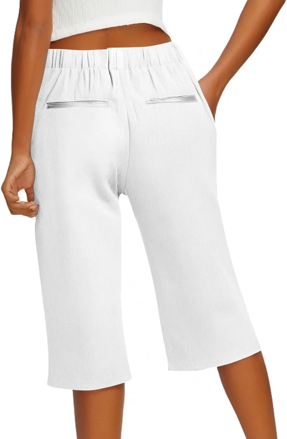 Linen Bermuda Shorts for Women Knee Length Lightweight Casual Capris Pants Ladies Summer Outfits with Pockets