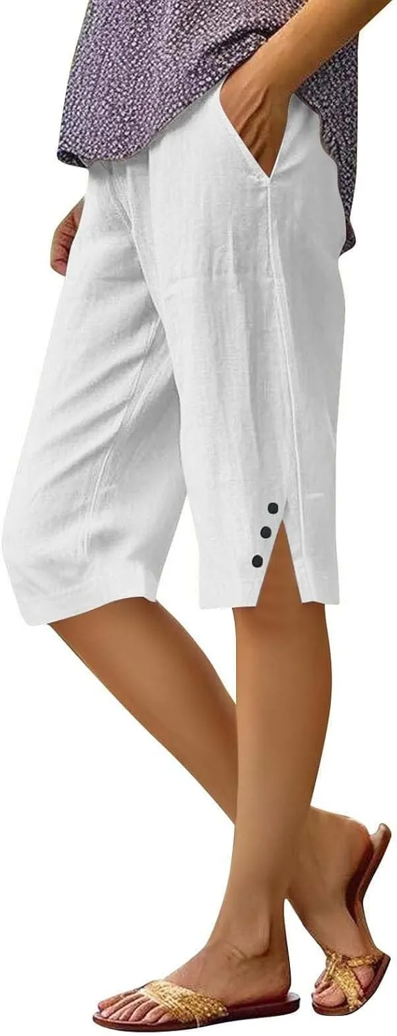 Linen Bermuda Shorts for Women Knee Length Lightweight Casual Capris Pants Ladies Summer Outfits with Pockets