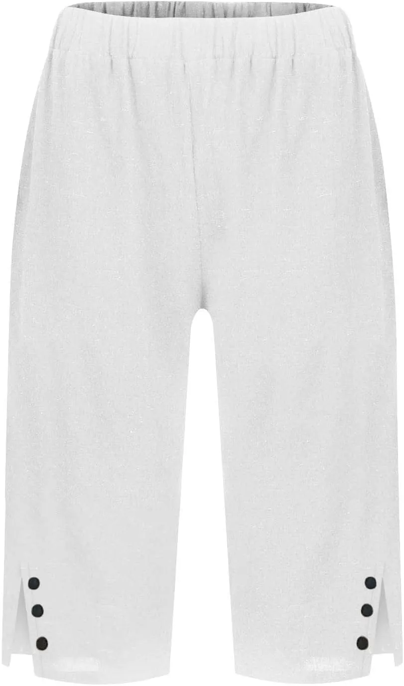 Linen Bermuda Shorts for Women Knee Length Lightweight Casual Capris Pants Ladies Summer Outfits with Pockets