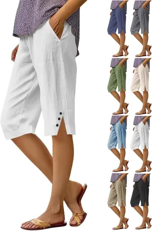 Linen Bermuda Shorts for Women Knee Length Lightweight Casual Capris Pants Ladies Summer Outfits with Pockets