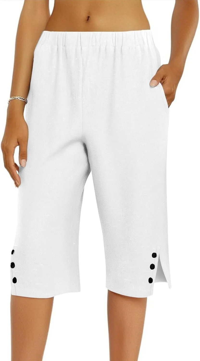 Linen Bermuda Shorts for Women Knee Length Lightweight Casual Capris Pants Ladies Summer Outfits with Pockets