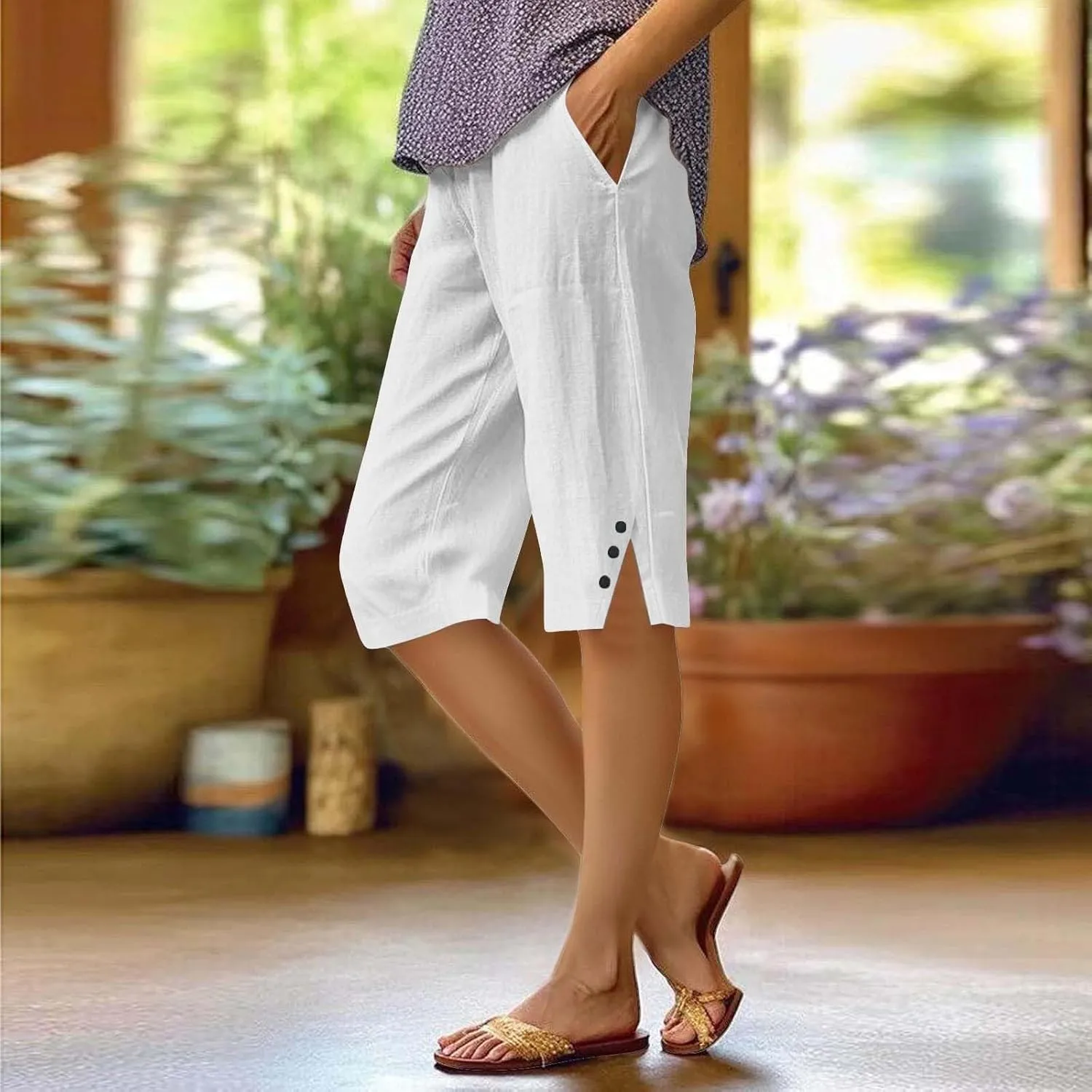 Linen Bermuda Shorts for Women Knee Length Lightweight Casual Capris Pants Ladies Summer Outfits with Pockets