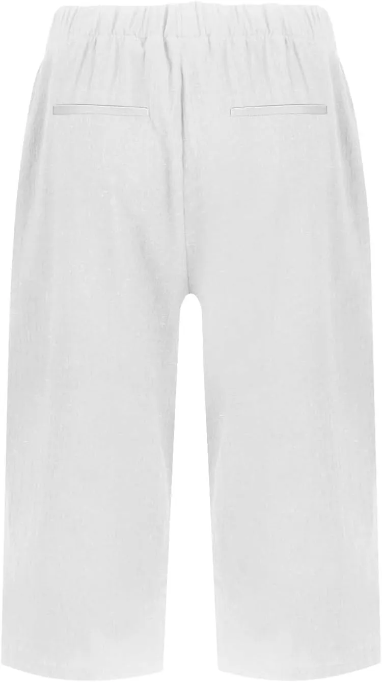 Linen Bermuda Shorts for Women Knee Length Lightweight Casual Capris Pants Ladies Summer Outfits with Pockets