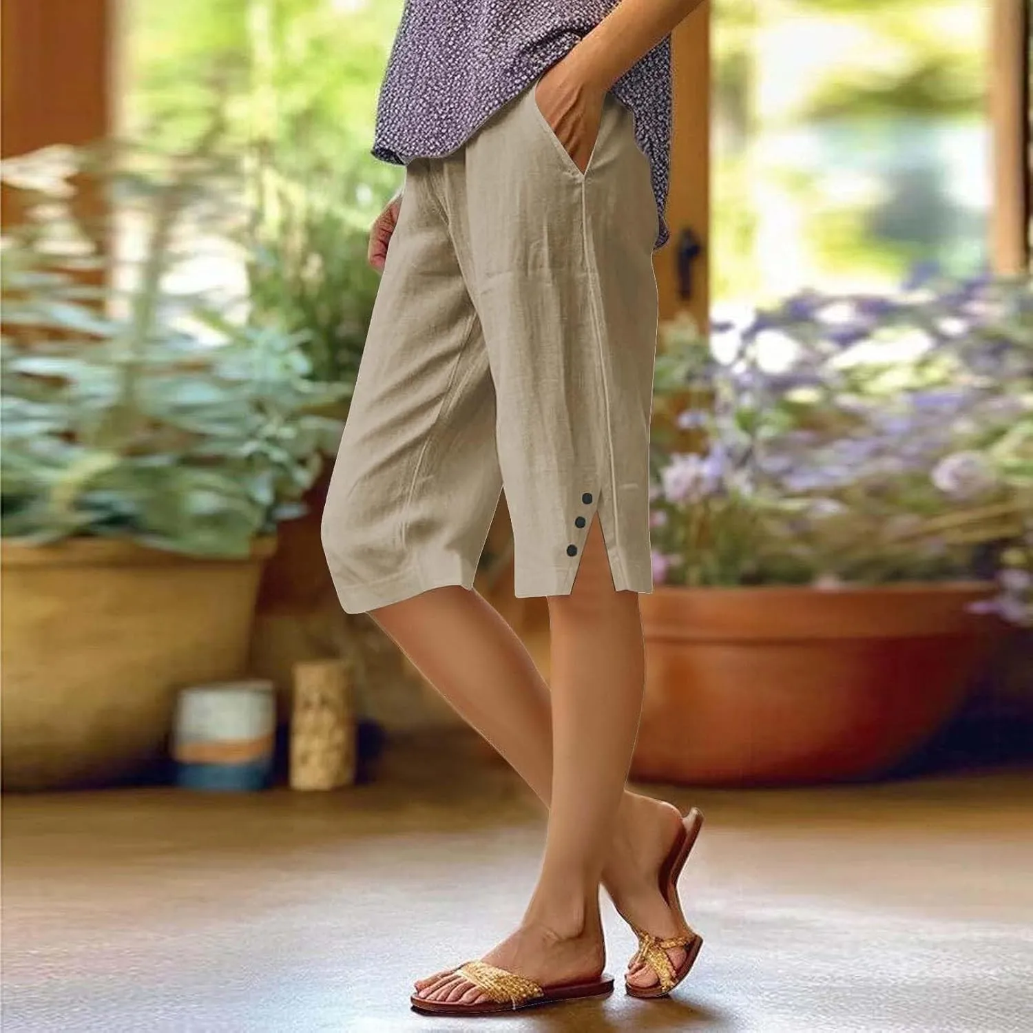 Linen Bermuda Shorts for Women Knee Length Lightweight Casual Capris Pants Ladies Summer Outfits with Pockets