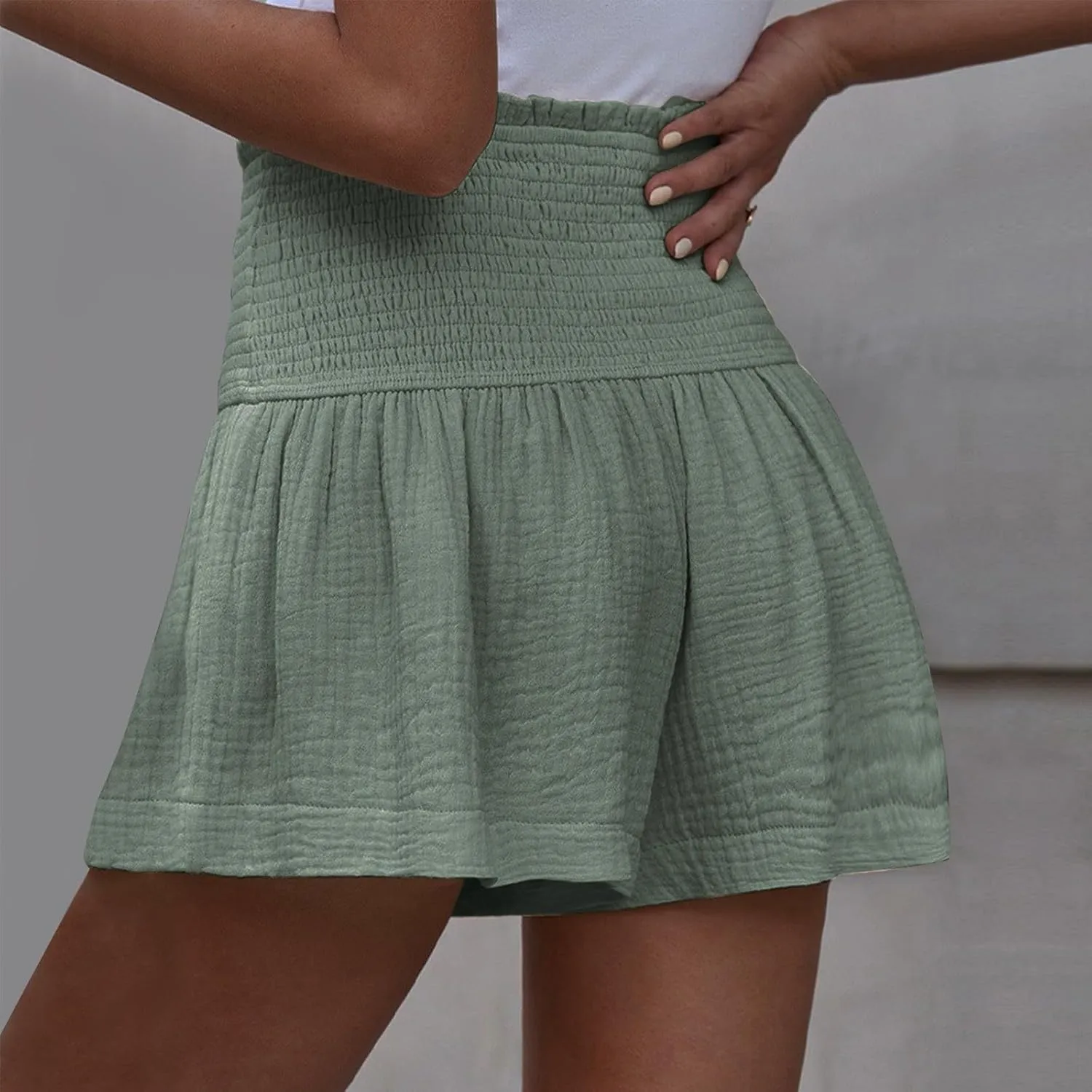 Linen Shorts for Women Summer Flowy Beach Shorts Smocked High Waisted Wide Leg Lightweight Athletic Gym Running Pants