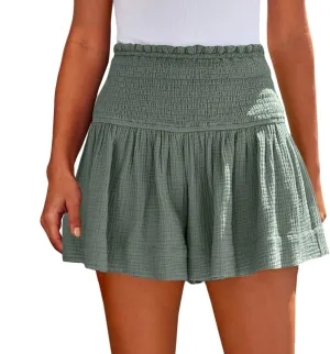 Linen Shorts for Women Summer Flowy Beach Shorts Smocked High Waisted Wide Leg Lightweight Athletic Gym Running Pants