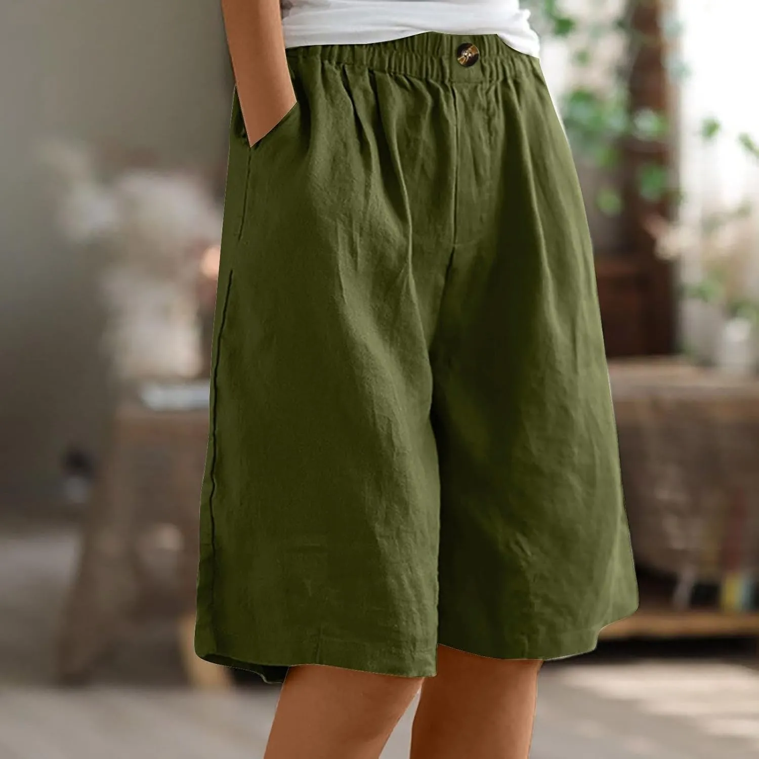 Linen Shorts for Women Summer High Elastic Waisted Dressy Casual Bermuda Shorts Pleated Wide Leg Joggers Sweatpants