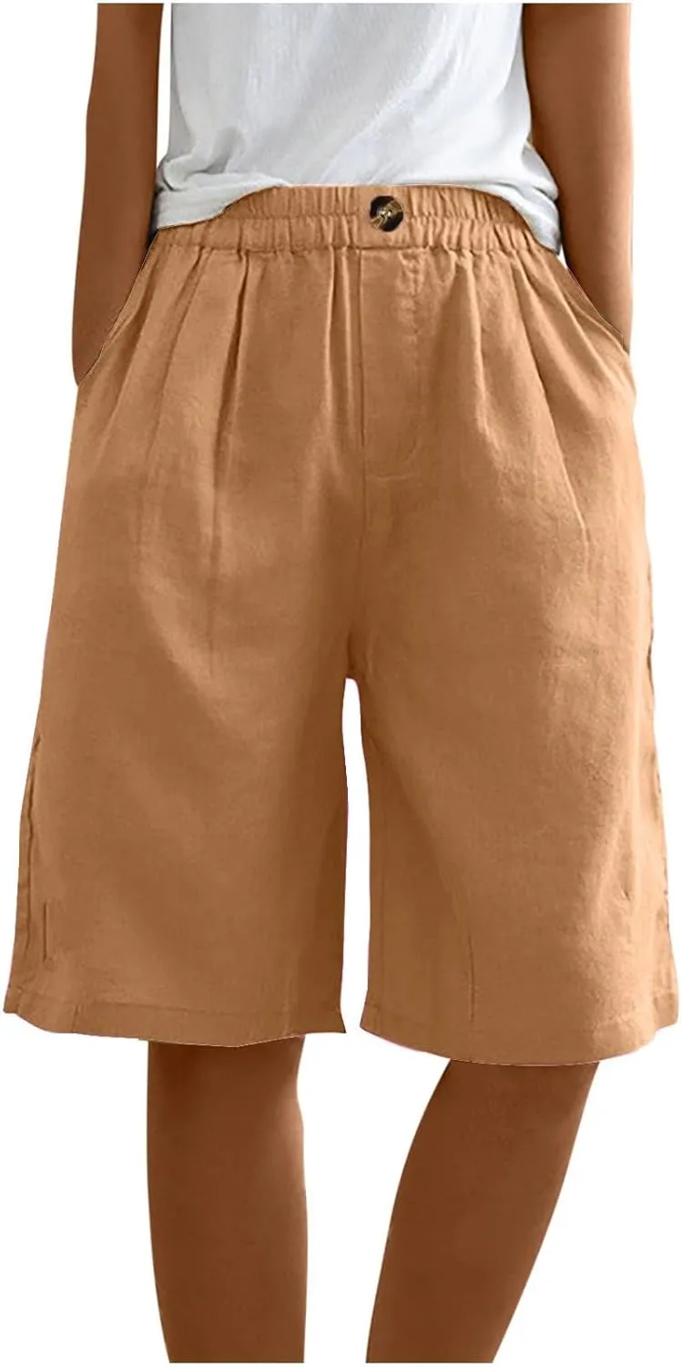 Linen Shorts for Women Summer High Elastic Waisted Dressy Casual Bermuda Shorts Pleated Wide Leg Joggers Sweatpants