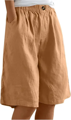 Linen Shorts for Women Summer High Elastic Waisted Dressy Casual Bermuda Shorts Pleated Wide Leg Joggers Sweatpants