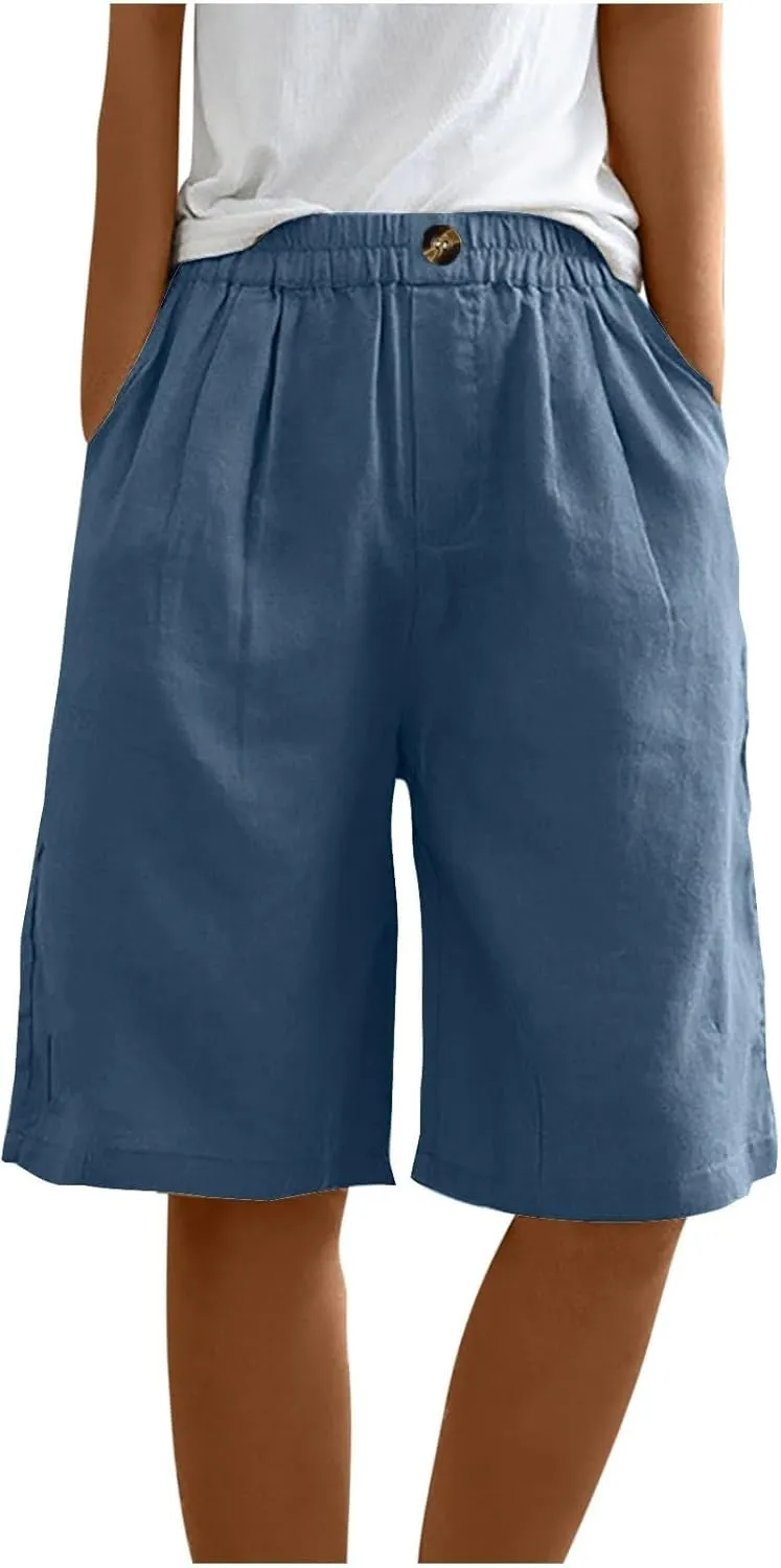 Linen Shorts for Women Summer High Elastic Waisted Dressy Casual Bermuda Shorts Pleated Wide Leg Joggers Sweatpants