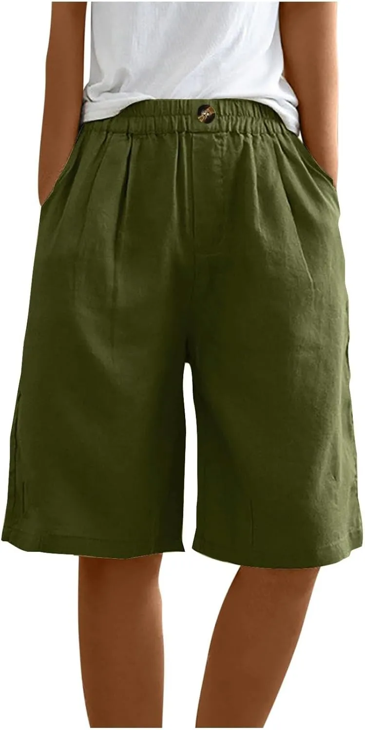 Linen Shorts for Women Summer High Elastic Waisted Dressy Casual Bermuda Shorts Pleated Wide Leg Joggers Sweatpants