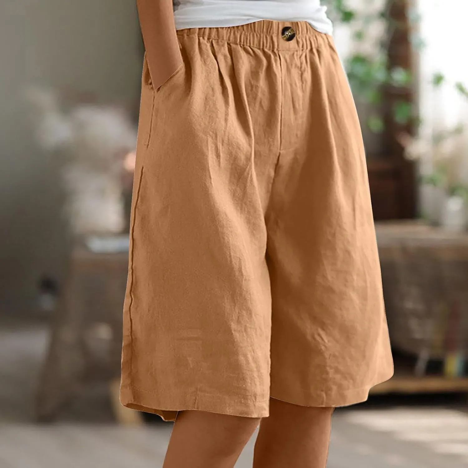 Linen Shorts for Women Summer High Elastic Waisted Dressy Casual Bermuda Shorts Pleated Wide Leg Joggers Sweatpants