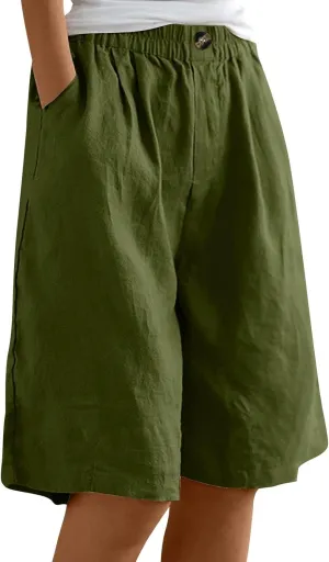 Linen Shorts for Women Summer High Elastic Waisted Dressy Casual Bermuda Shorts Pleated Wide Leg Joggers Sweatpants