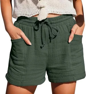 Linen Shots for Women Summer Drawstring Elastic High Waist Beach Resort Wear Casual Dressy Short Pants with Pockets