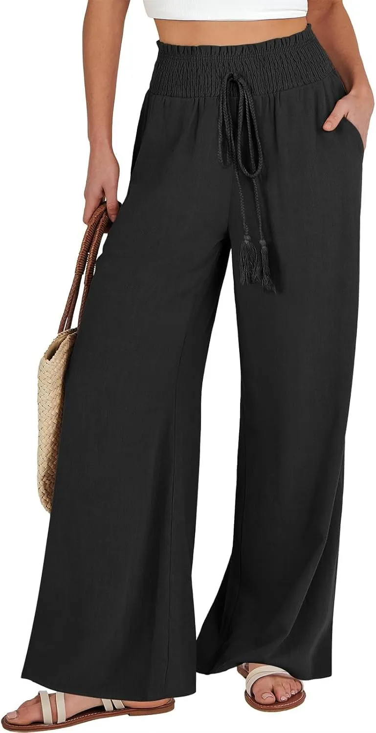 Linen Wide Leg Pants for Women Petite Summer Beach Drawstring Palazzo Flowy Lounging with Pockets Travel Lounge 2024