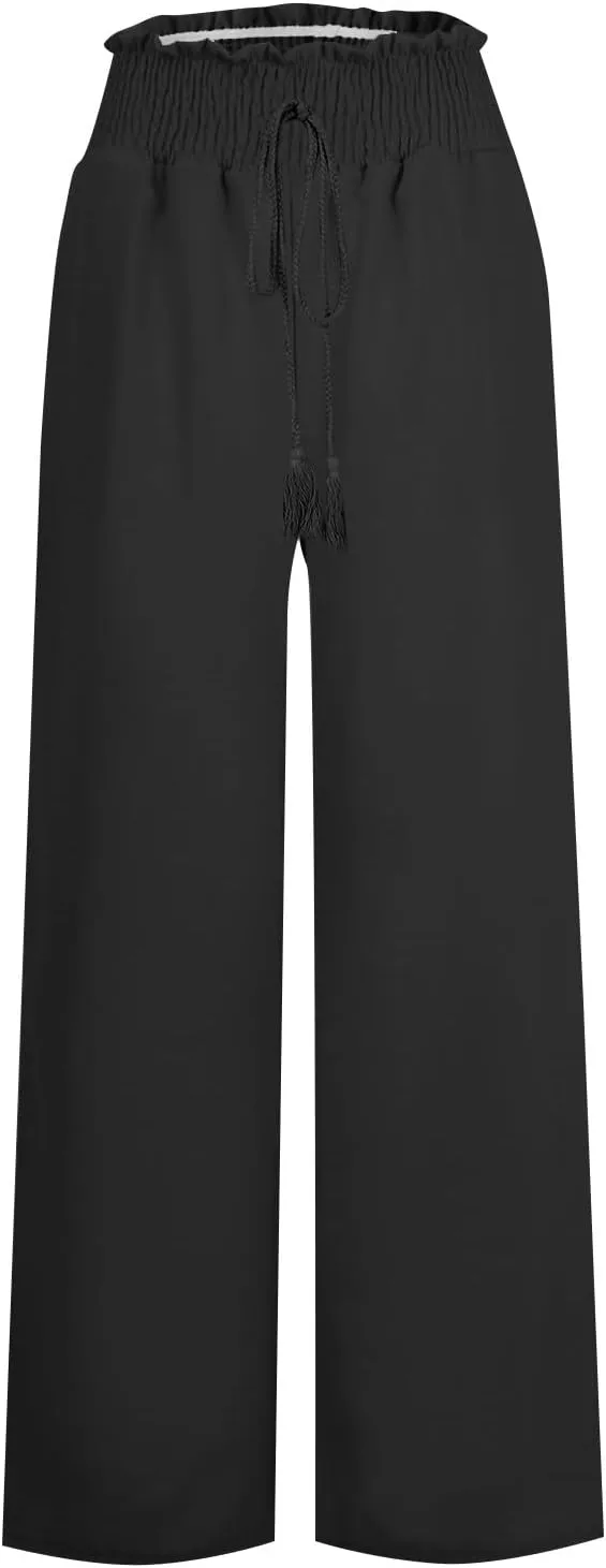 Linen Wide Leg Pants for Women Petite Summer Beach Drawstring Palazzo Flowy Lounging with Pockets Travel Lounge 2024