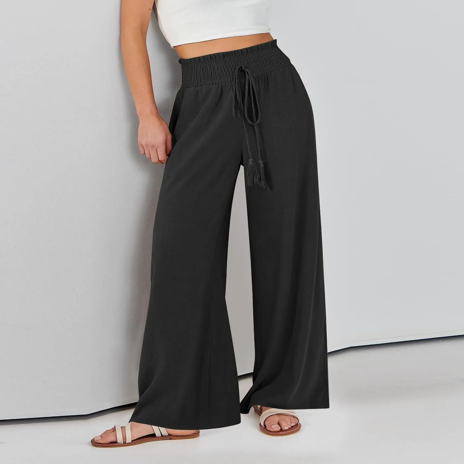 Linen Wide Leg Pants for Women Petite Summer Beach Drawstring Palazzo Flowy Lounging with Pockets Travel Lounge 2024