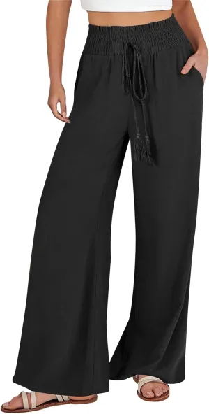 Linen Wide Leg Pants for Women Petite Summer Beach Drawstring Palazzo Flowy Lounging with Pockets Travel Lounge 2024