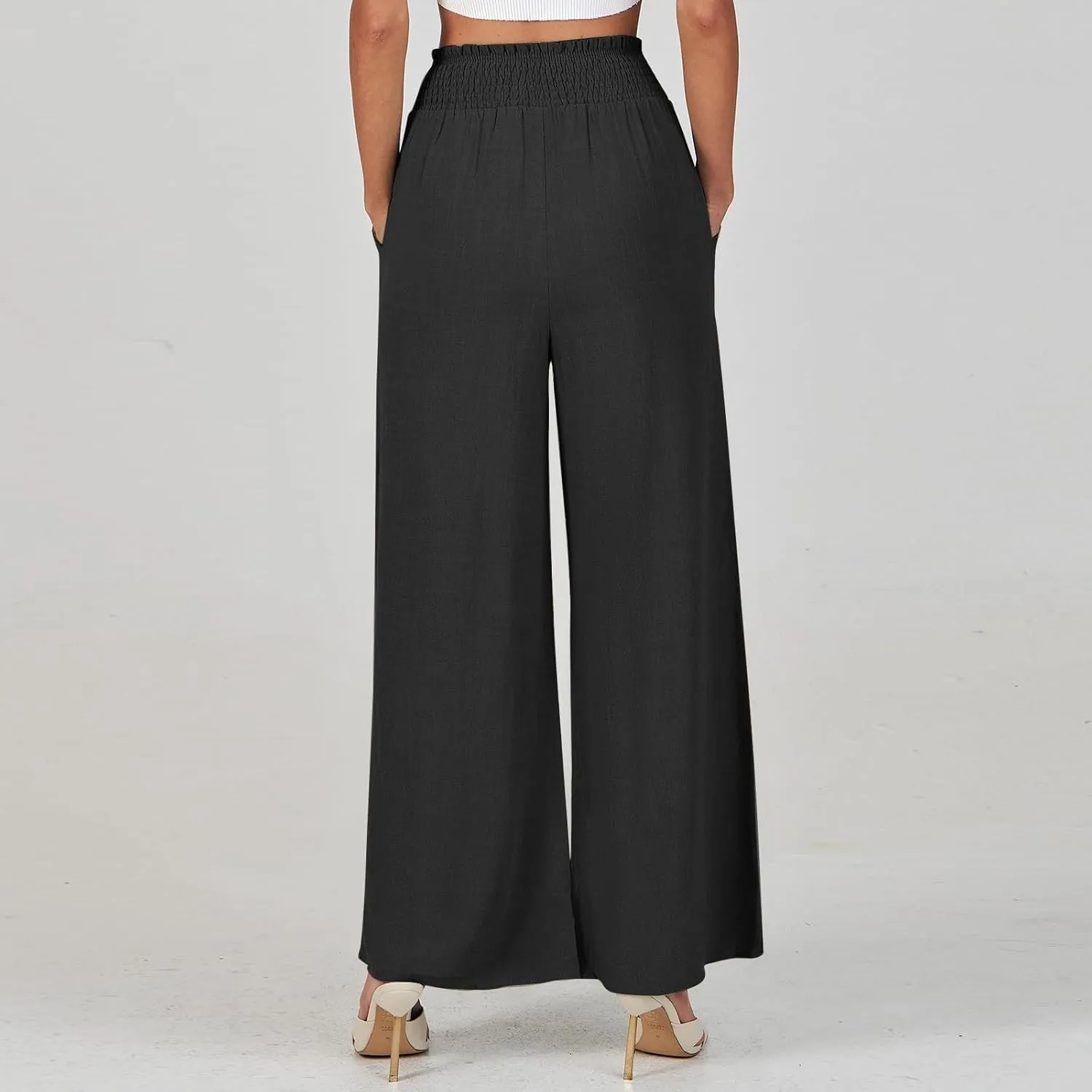 Linen Wide Leg Pants for Women Petite Summer Beach Drawstring Palazzo Flowy Lounging with Pockets Travel Lounge 2024