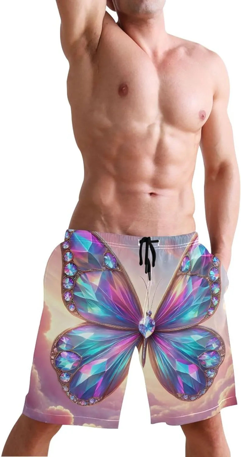 Magical Butterfly Neon Glow Mens Swim Trunks Funny Beach Casual Shorts Vacation Drawstring Shorts S