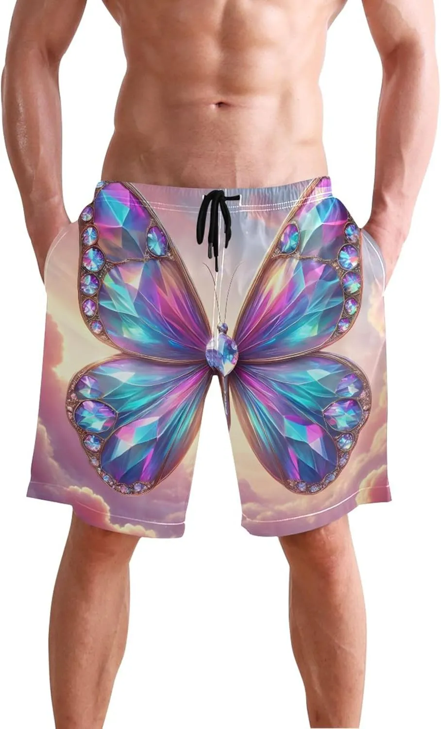 Magical Butterfly Neon Glow Mens Swim Trunks Funny Beach Casual Shorts Vacation Drawstring Shorts S