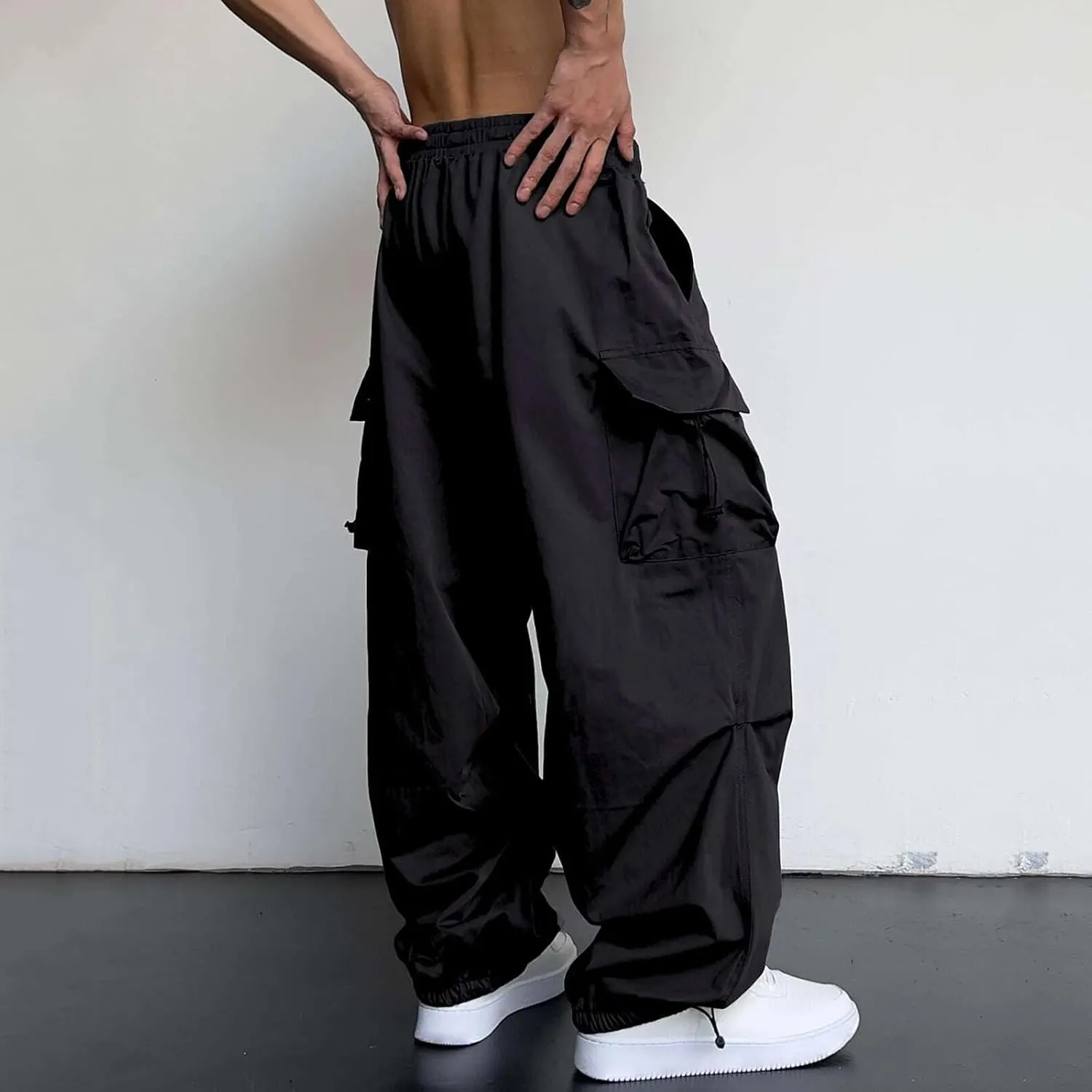 Men Baggy Cargo Pants Drawstring Casual Parachute Pants Trendy Loose Harem Joggers Sweatpants Streetwear with Pockets