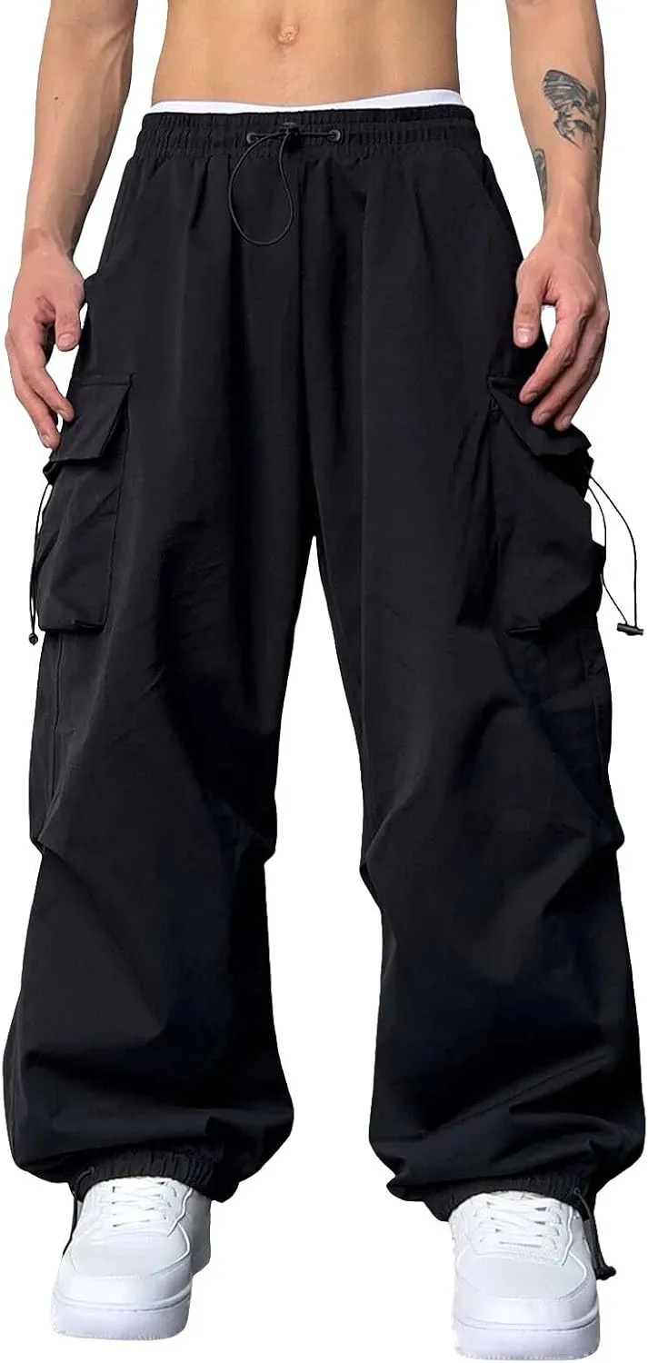 Men Baggy Cargo Pants Drawstring Casual Parachute Pants Trendy Loose Harem Joggers Sweatpants Streetwear with Pockets