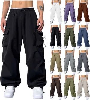 Men Baggy Cargo Pants Drawstring Casual Parachute Pants Trendy Loose Harem Joggers Sweatpants Streetwear with Pockets