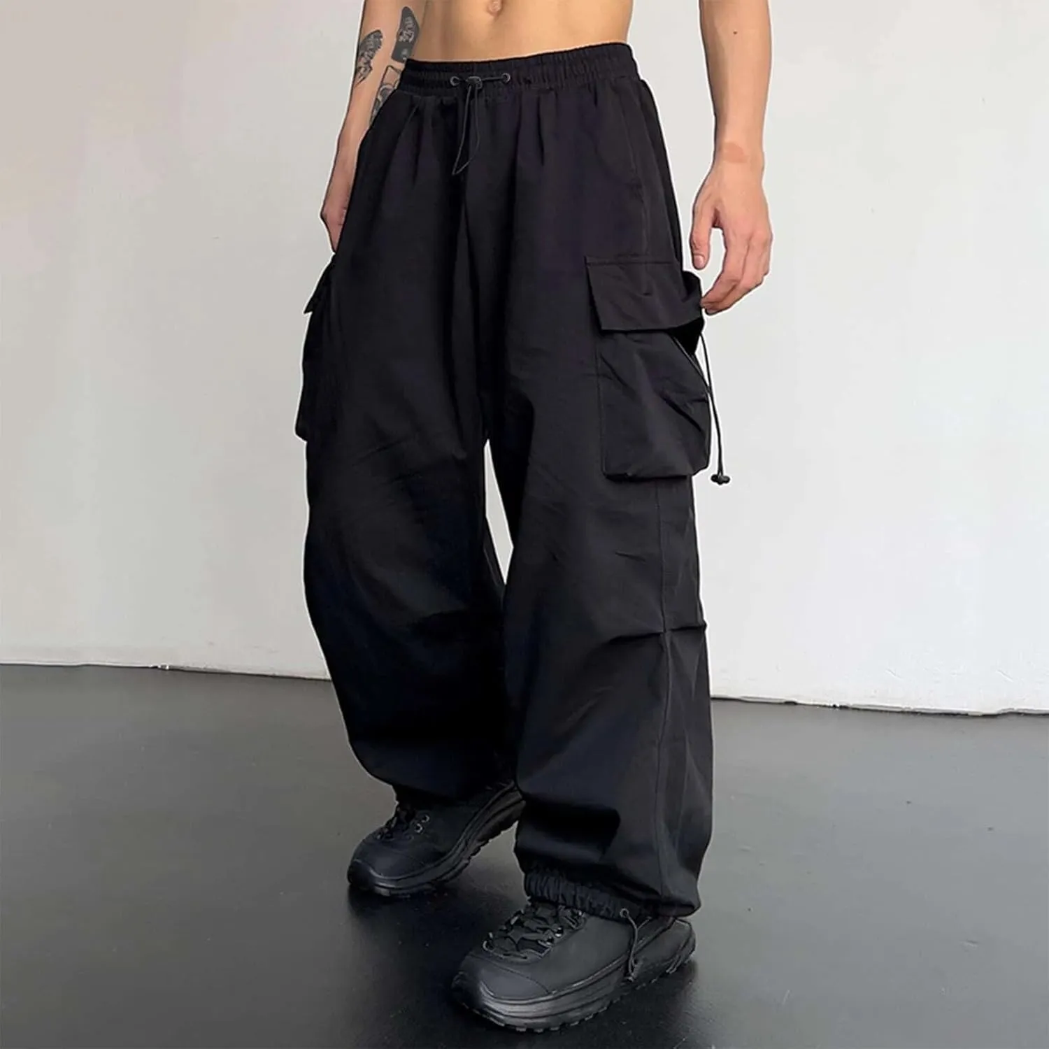 Men Baggy Cargo Pants Drawstring Casual Parachute Pants Trendy Loose Harem Joggers Sweatpants Streetwear with Pockets