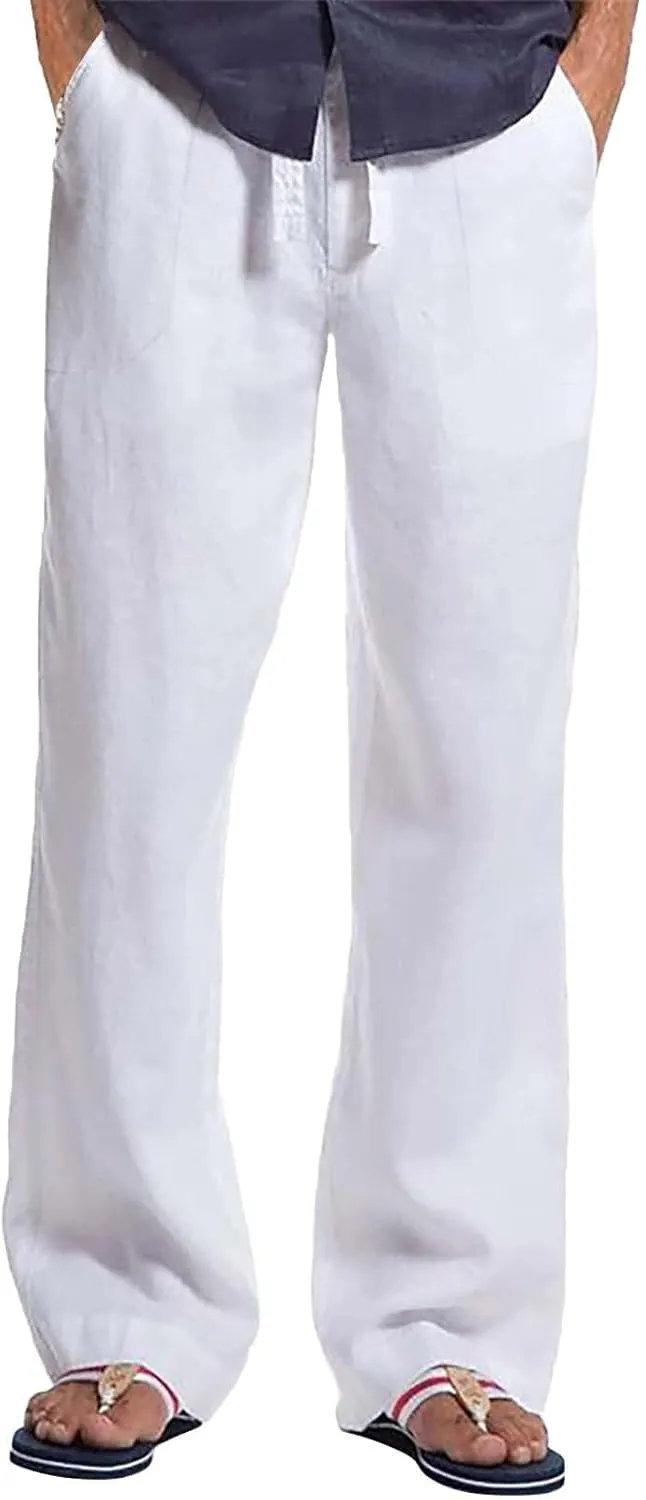 Mens 2024 Fashion Cotton and Linen Trousers Daily Lightweight Drawstring Straight Leg Pants Summer Quick Drying Combat Pants