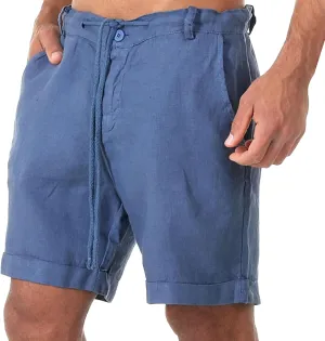 Men's Breathable Casual Baggy Beach Short Solid Drawstring Comfort Workout Shorts 7" Cotton Linen Summer Shorts (Dark Blue,Large)