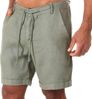 Men's Breathable Casual Baggy Beach Short Solid Drawstring Comfort Workout Shorts 7" Cotton Linen Summer Shorts (Green,Large)