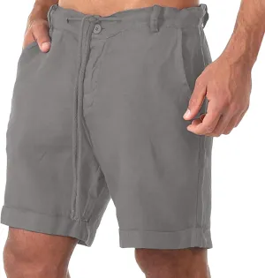 Men's Breathable Casual Baggy Beach Short Solid Drawstring Comfort Workout Shorts 7" Cotton Linen Summer Shorts (Grey,Large)
