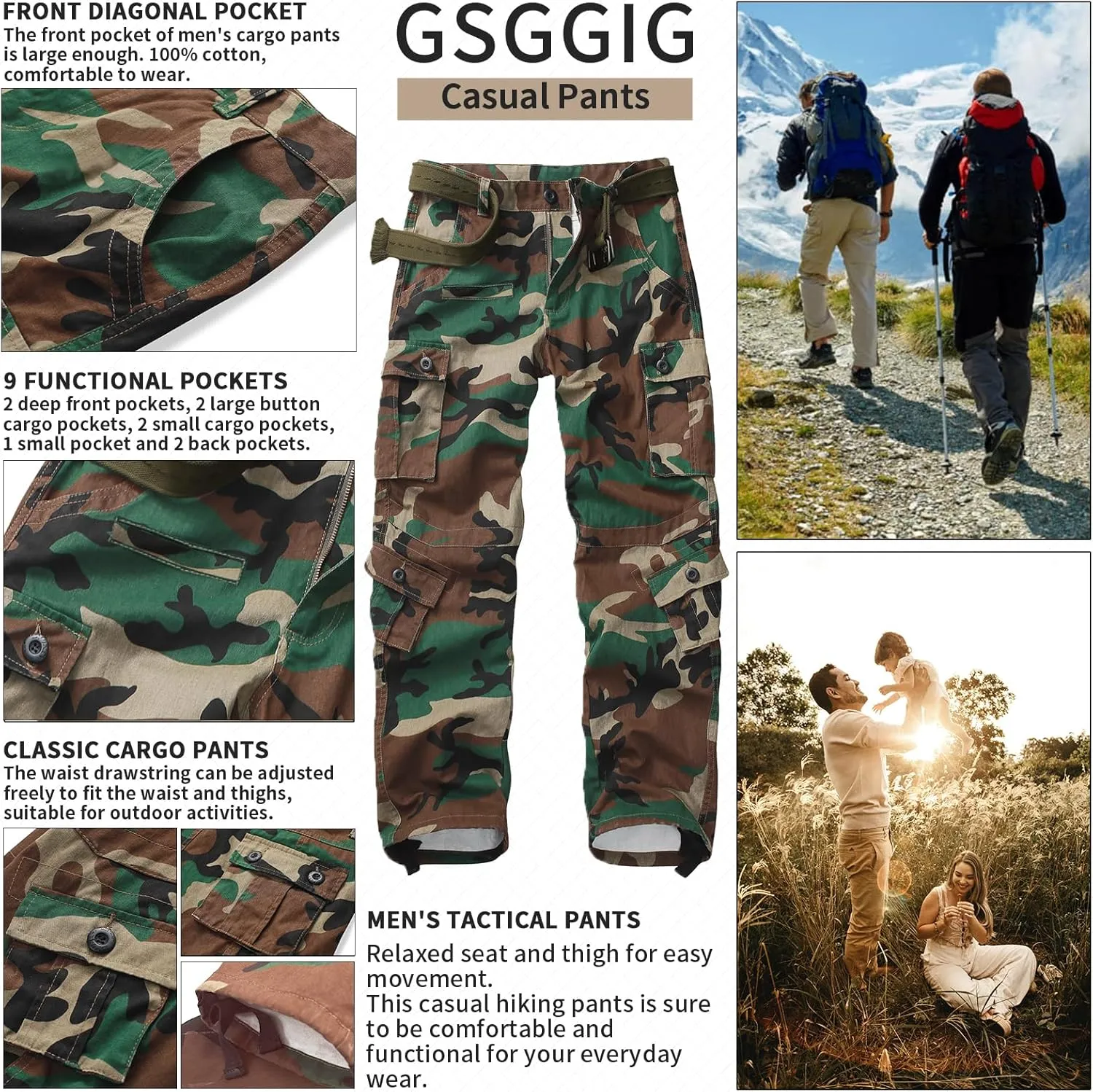 Men's Cargo Pants, Casual Outdoor Camo Pants, Relaxed Fit Work Pants with Multi Pockets