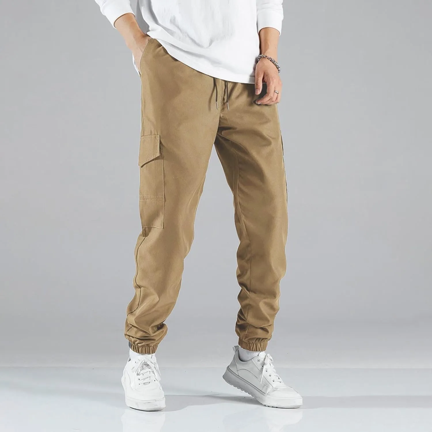 Men's Cargo Pants Drawstring Elastic Waist Jogger Multi Pockets Summer Hiking Stretch Stylish Baggy Athletic Trousers