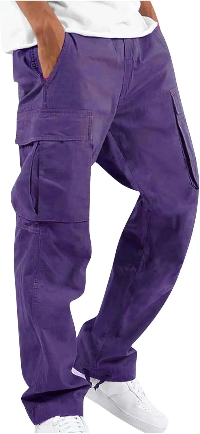 Mens Cargo Pants Drawstring Multi Pockets Lounge Pants Lightweight Hiking Pant Casual Loose Tactical Trousers