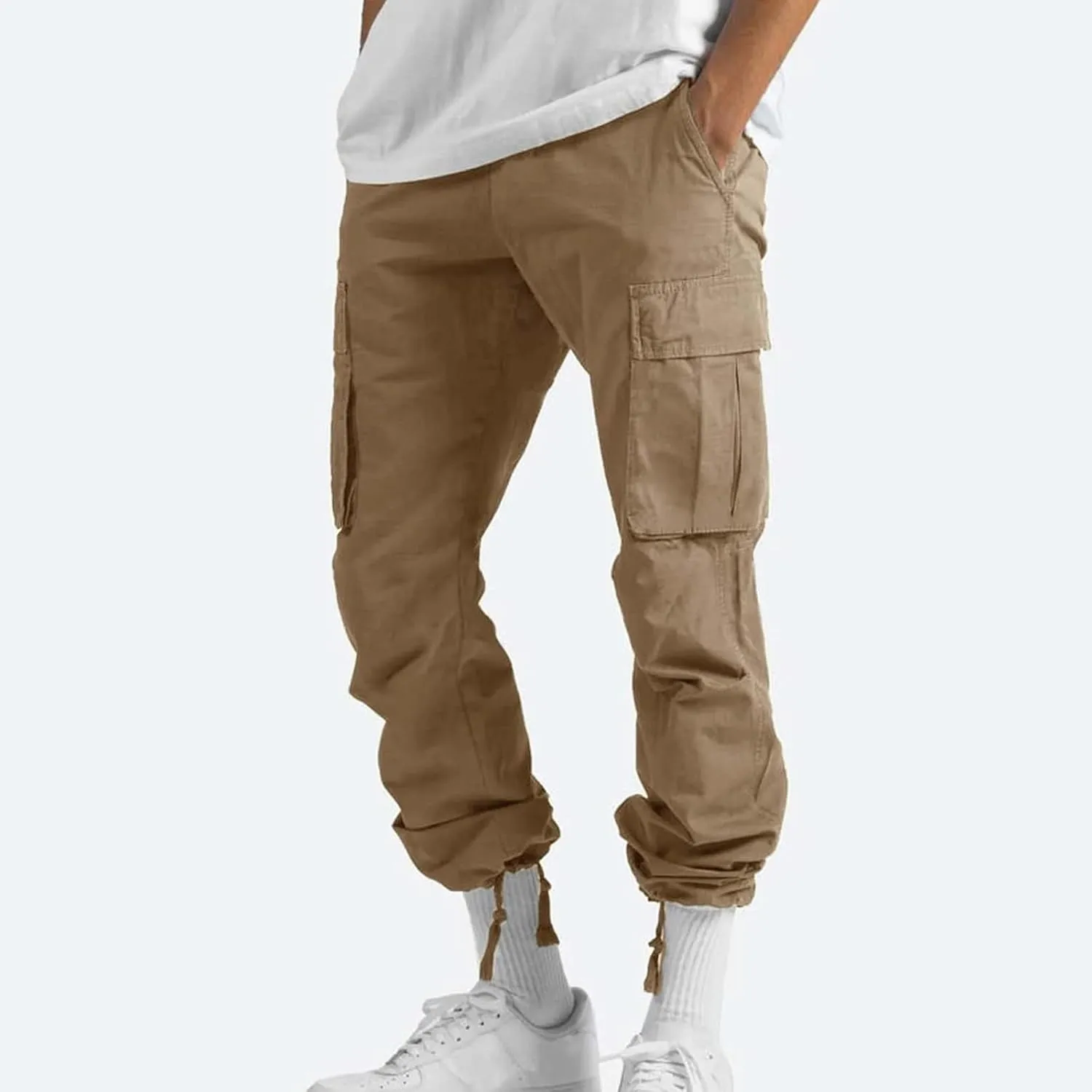 Men's Cargo Pants Relaxed fit Stretch Cargo Work Pants Drawstring Waist Straight Leg Lounge Pants with Multi Pockets