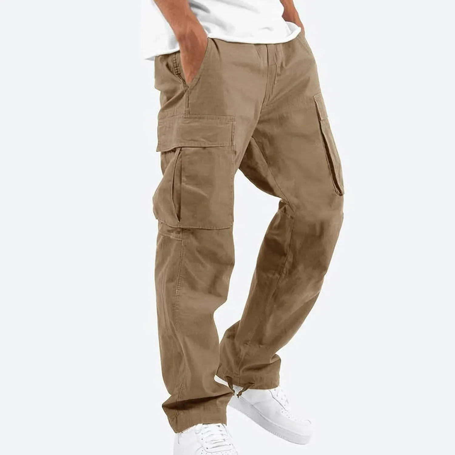 Men's Cargo Pants Relaxed fit Stretch Cargo Work Pants Drawstring Waist Straight Leg Lounge Pants with Multi Pockets