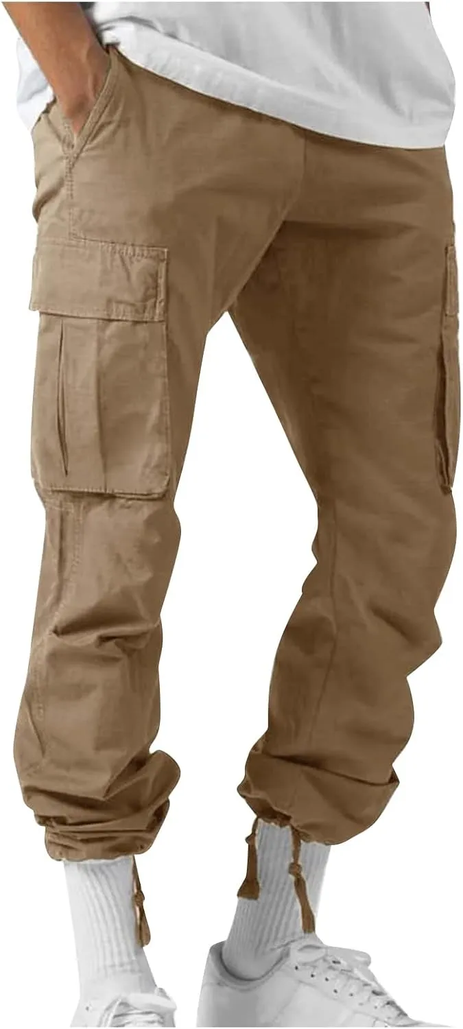 Men's Cargo Pants Relaxed fit Stretch Cargo Work Pants Drawstring Waist Straight Leg Lounge Pants with Multi Pockets