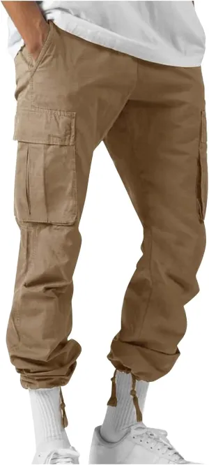 Men's Cargo Pants Relaxed fit Stretch Cargo Work Pants Drawstring Waist Straight Leg Lounge Pants with Multi Pockets