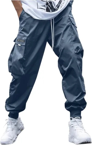 Mens Cargo Pants with Pockets Baggy Elastic Waist Black Casual Drawstring Flap Pocket Work Street Hiking Jogger Pants