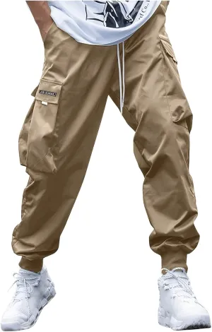 Mens Cargo Pants with Pockets Baggy Elastic Waist Black Casual Drawstring Flap Pocket Work Street Hiking Jogger Pants