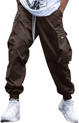 Mens Cargo Pants with Pockets Baggy Elastic Waist Black Casual Drawstring Flap Pocket Work Street Hiking Jogger Pants